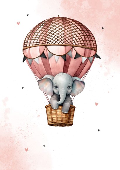 Felicitatiekaart geboorte meisje olifantje luchtballon verf 2