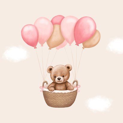 Felicitatiekaart geboorte meisje schattige beer en ballonnen 2