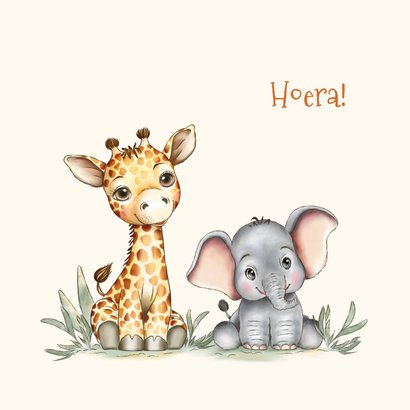 Felicitatiekaart geboorte met giraf, welpje en olifantje 2