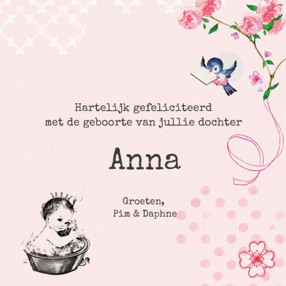 Felicitatiekaart geboorte met vintage baby in badje met naam 3