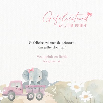 Felicitatiekaart geboorte olifant met strik in auto ballon 3