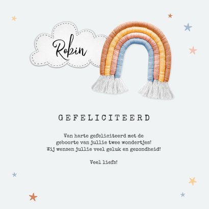 Felicitatiekaart geboorte tweeling wolkjes regenboog sterren 3