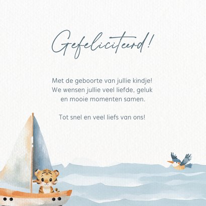 Felicitatiekaart geboorte zeilboot met lieve tijger 3