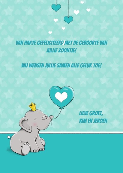 Felicitatiekaart geboorte zoon met olifant en ballon - IH 3