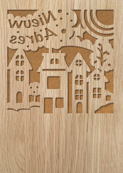 Felicitatiekaart gestanste huisjes op houtprint 2