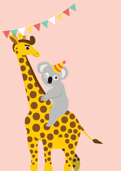 Felicitatiekaart giraf met taart en andere blije dieren 2
