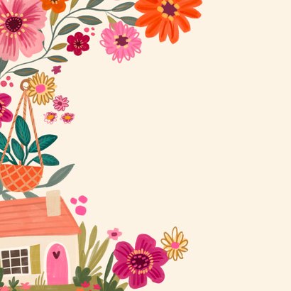 Felicitatiekaart happy new home met kleed planten en huisje 2