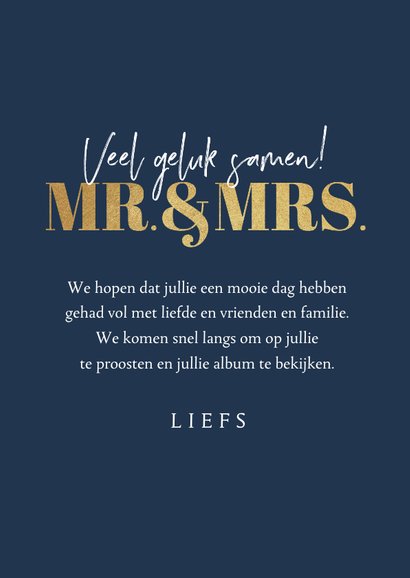 Felicitatiekaart huwelijk Mr. and Mrs. foto hartjes goud 3