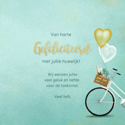 Felicitatiekaart huwelijk tandem met bloemen en ballonnen 3