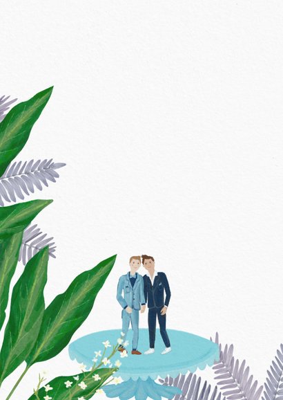 Felicitatiekaart huwelijk twee mannen op bruidstaart 2