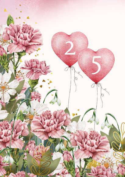 Felicitatiekaart jubileum trouwdag met bloemen en hartjes 2