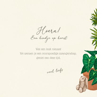 Felicitatiekaart kindje op komst wiegje tussen de planten 3