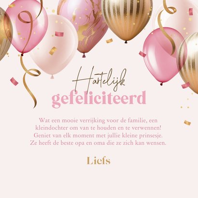 Felicitatiekaart kleindochter opa en oma ballonnen roze goud 3