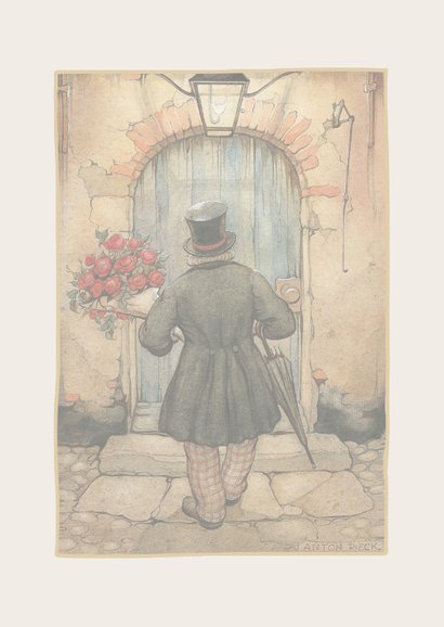 Felicitatiekaart man met bloemen aan deur van Anton Pieck 2