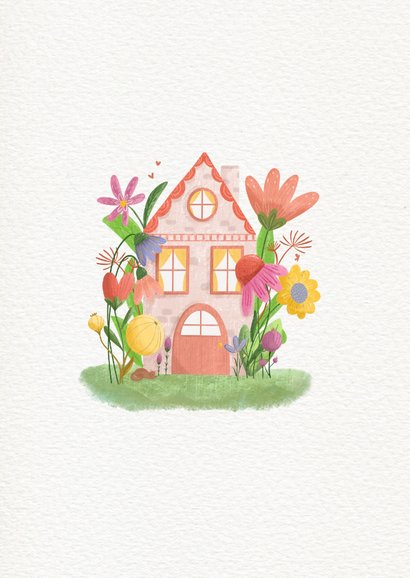 Felicitatiekaart met een huis tussen kleurrijke bloem 2