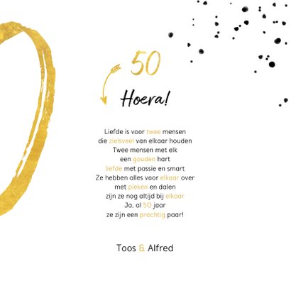 Felicitatiekaart met gouden 50, spetters en foto 3