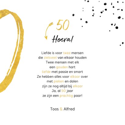 Felicitatiekaart met gouden 50, spetters en foto 3