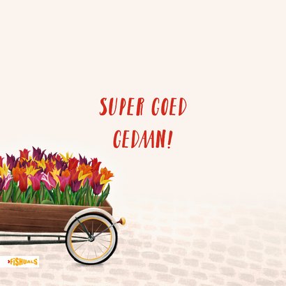 Felicitatiekaart met huisjes en bakfiets met bloemen 2
