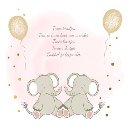 Felicitatiekaart met olifantjes tweeling meisjes 2