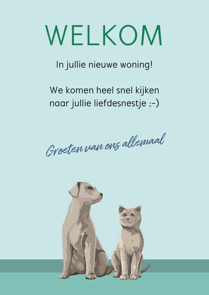 Felicitatiekaart met planten, beeldjes van hond en kat 3