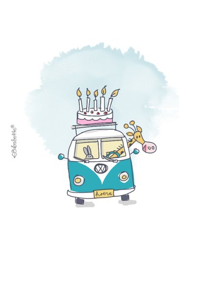 Felicitatiekaart met vw busje dieren en taart 2