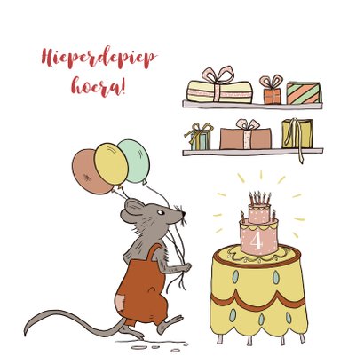 Felicitatiekaart muis met taart, ballonnen en kadootjes 2