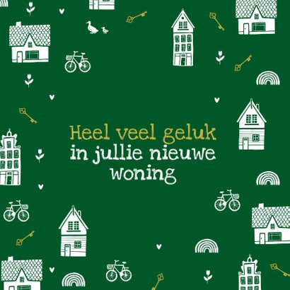 Felicitatiekaart nieuwe woning huisjes sleutels fietsen 2