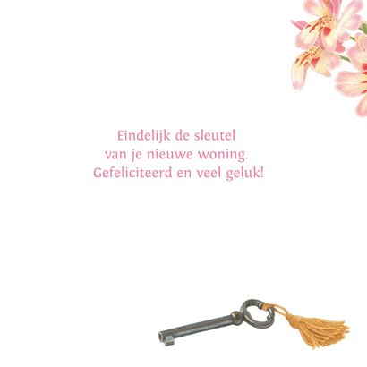 Felicitatiekaart nieuwe woning kat met sleutel en bloemen 3