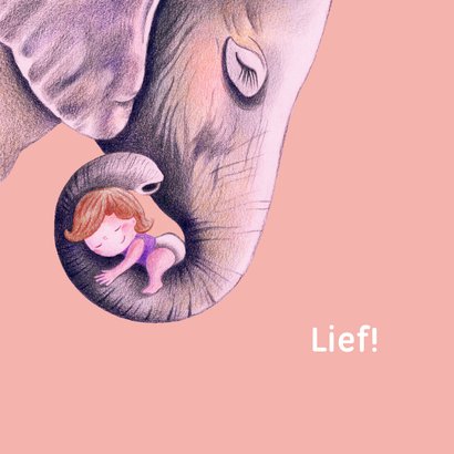 Felicitatiekaart olifant met meisje voor de geboorte 2