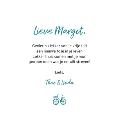 Felicitatiekaart pensioen fietsen vrije tijd man vrouw hip 3