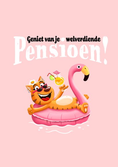 Felicitatiekaart pensioen poes relaxt in flamingo zwemband 2