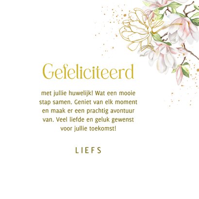 Felicitatiekaart trouwen met magnolia met goud 3
