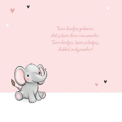 Felicitatiekaart tweeling geboorte olifantjes hartjes roze 2