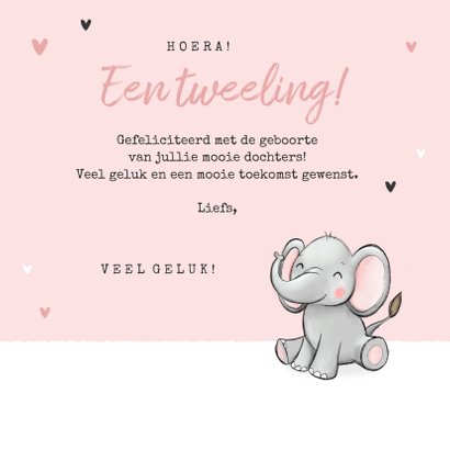 Felicitatiekaart tweeling geboorte olifantjes hartjes roze 3