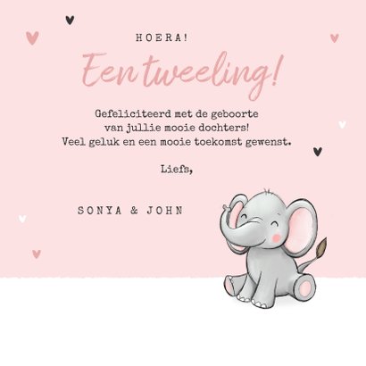 Felicitatiekaart tweeling geboorte olifantjes hartjes roze 3