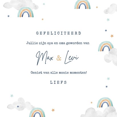 Felicitatiekaart tweeling geboorte opa oma regenboogjes 3