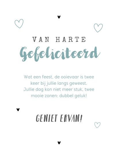 Felicitatiekaart tweeling slinger jongens babyspul hartjes 3