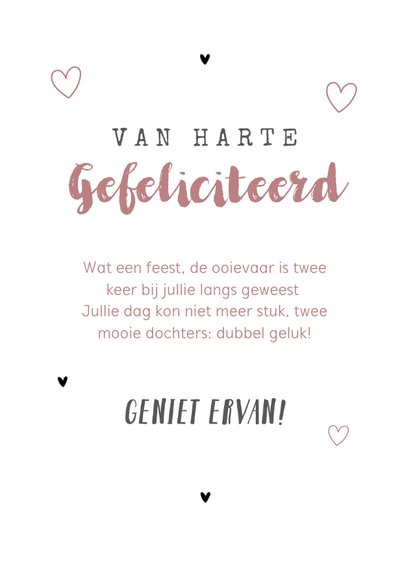 Felicitatiekaart tweeling slinger meisjes babyspul hartjes 3