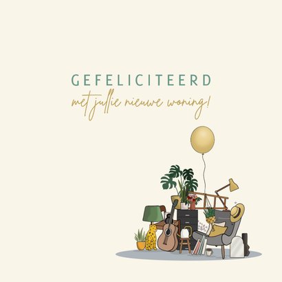 Felicitatiekaart verhuisd auto geel met spullen 3