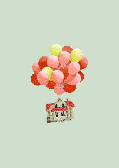 Felicitatiekaart verhuizen huis met ballonnen en regenboog 2