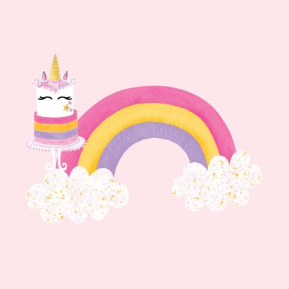 Felicitatiekaart verjaardag unicorn taart roze / goud - MW 2