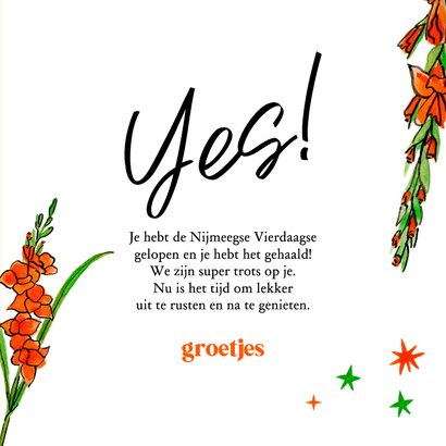 Felicitatiekaart Vierdaagse Nijmegen lintje gladiolen yes 3