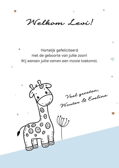 Felicitatiekaart voor geboorte jongen met giraf in de bergen 3