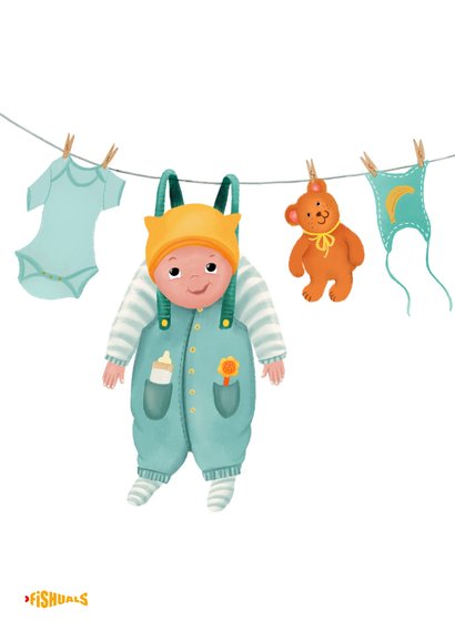 Felicitatiekaart voor geboorte met een baby aan de waslijn 2