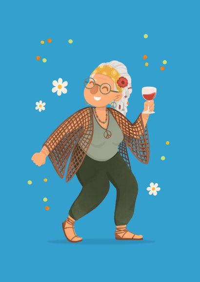 Felicitatiekaart vrouw pensioen grappig hippie cartoon peace 2