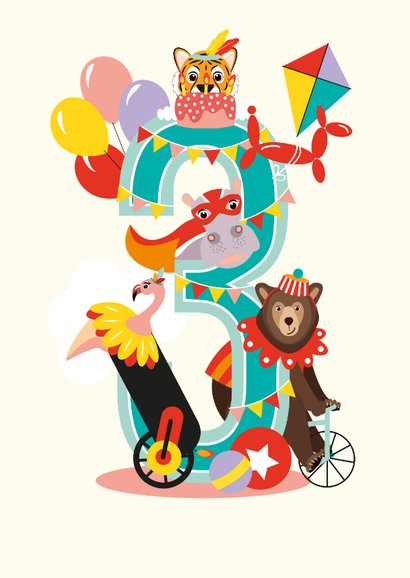 Felicitatiekaartje 3 jaar met vrolijke circusdieren 2