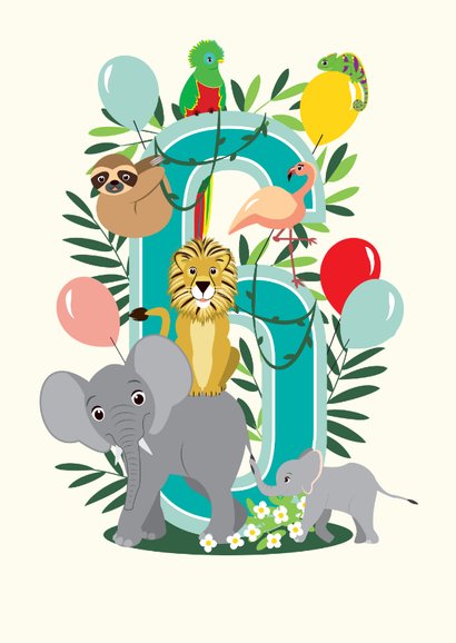 Felicitatiekaartje 6 jaar met vrolijke jungle dieren  2