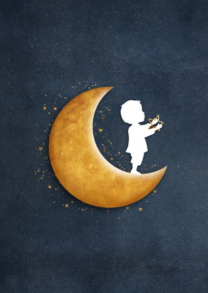 Felicitatiekaartje geboorte met silhouet van jongen op maan 2