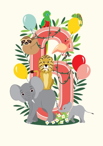 Felicitatiekaartje met dieren uit de jungle 6 jaar roze 2