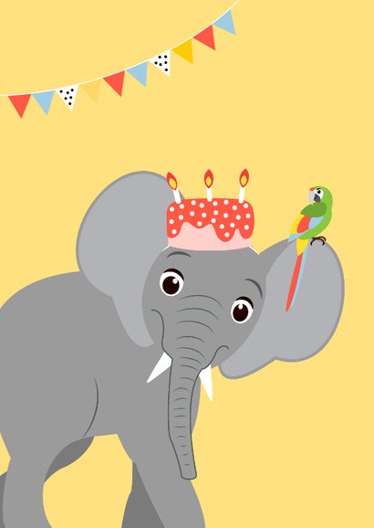 Felicitatiekaartje met olifant tijger papegaai en taart 2